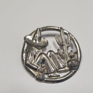 Vintage Sterling Silver Round Mexican Wanderer W/ Cactus Pin Brooch